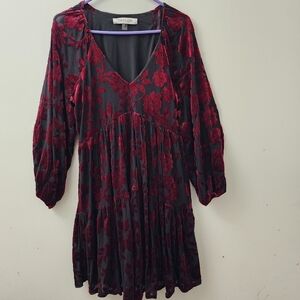 Taylor Black & Red Velvet Burnout Tiered Dress 16 Whimsigoth Witchy Dark Fairy